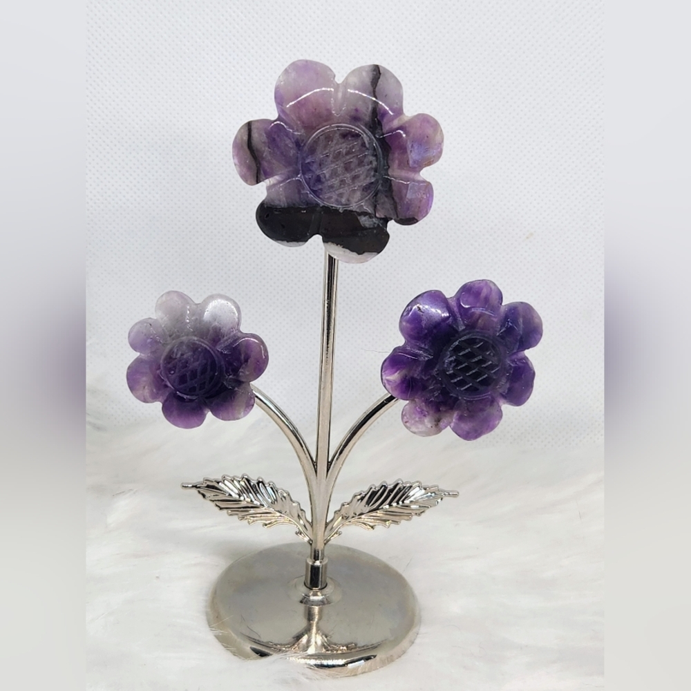 Amethyst Flowers On Metal Stand. Crystal Floral Decor.